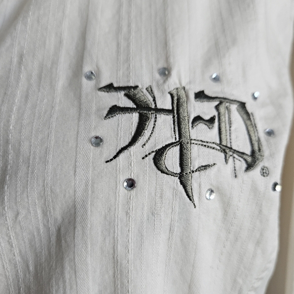 HARLEY DAVIDSON Ladies Vintage Crystal Embroidered Fitted Tan Shirt Size Large - Picture 5 of 12